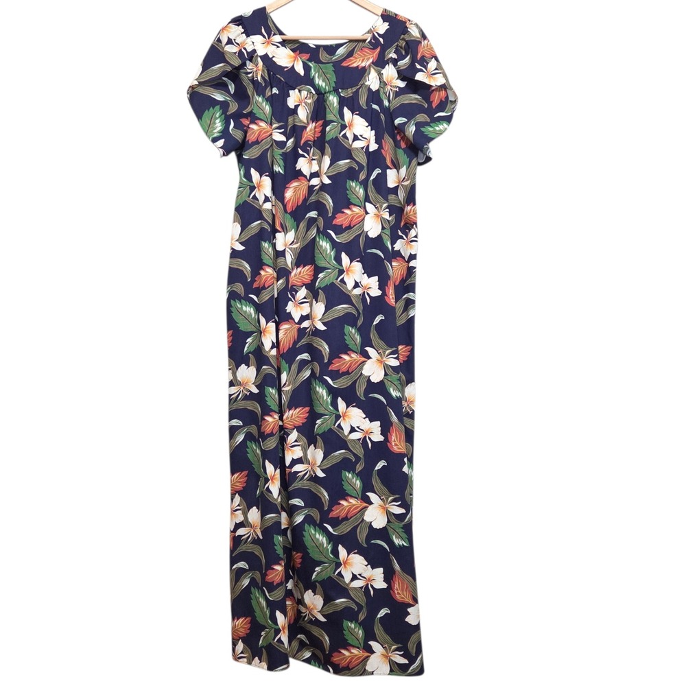 Lei Aloha Made In Hawaii MuuMuu Dress Vintage Womens XL Blue Tropical Floral USA
